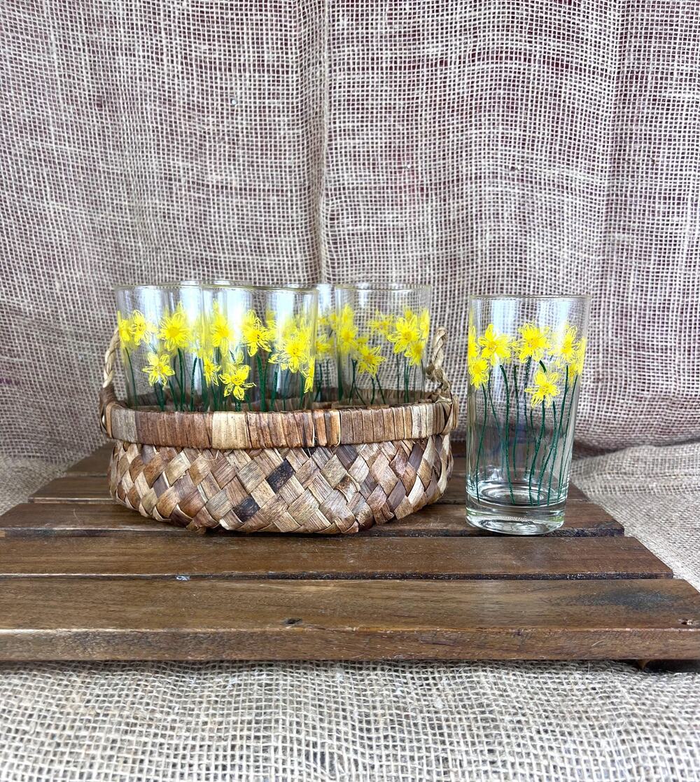Set of 6 1970s Vintage Boho Chic Daffodils Jane Lynn Glassware with Holder